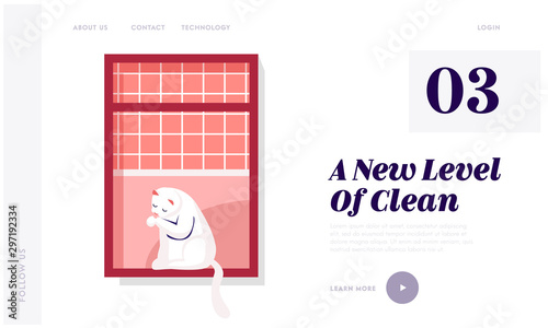 Domestic Animals Lifestyle Website Landing Page. White Cat Sitting on Window Licking his Paw at Morning, Pet Kitten Washing himself on Windowsill Web Page Banner. Cartoon Flat Vector Illustration