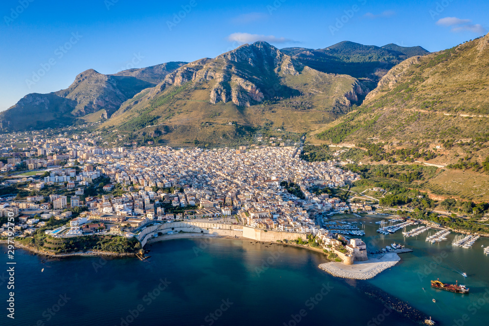 Naklejka premium Aerial view of port of Castellammare del Golfo, Sicily,Italy