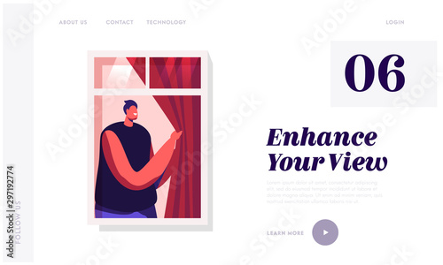 City Life and Dwelling Website Landing Page. Young Man Open or Close Curtains on Window Looking Out Through Glass on Street. Human Lifestyle Behavior Web Page Banner. Cartoon Flat Vector Illustration