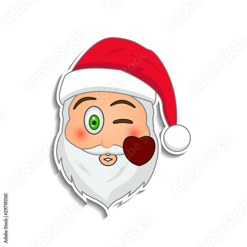 Emoji santa claus in sticker style. Winter holidays emotion. Santa clause in send a kiss emoji icon