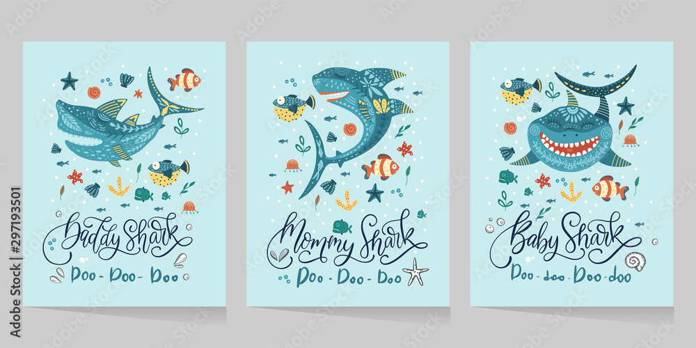Cartoon Vector Shark Illustration - Sea Fish Card Set. Ocean AnimalFamily Collection with lettering quotes - Baby Shark - Mommy shark - Daddy shark. Trendy design for cute t shirt.