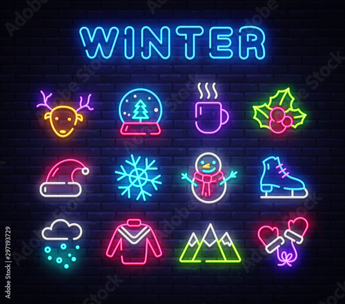 Winter neon icons set. Christmas neon signs design template. Bright signboard, light banner, Isolated icon. Vector Illustration