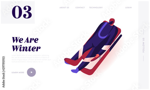 Skeleton Sport Racing Tournament, Sports Challenge Website Landing Page. Luger in Sportswear and Helmet Lying on Sleigh Face Up Going Downhills Web Page Banner. Cartoon Flat Vector Illustration