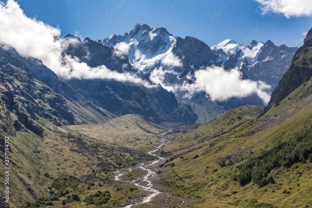 A mountain valley in the vicinity of the Bezengi alpinist camp. Central Caucasus, Bezengi region, Kabardino-Balkaria, Russia.