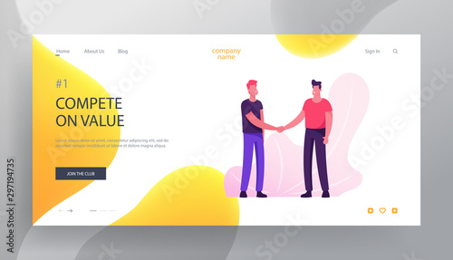 Business Meeting Website Landing Page. Young People Shaking Hands. Businessmen Company Leaders Meet for Successful Deal or Contract Signing in Office. Web Page Banner. Cartoon Flat Vector Illustration