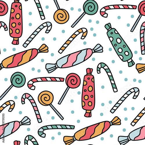 Winter seamless vector pattern. Christmas doodle cartoon illustration with candy canes, lollipop, and other sweets.