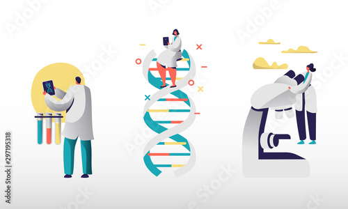 Genetic Laboratory Staff Using Internet and Smart Technologies for Work. Scientists Using Tablets and Electronic Microscope for Biological and Chemistry Research. Cartoon Flat Vector Illustration