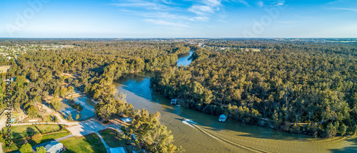 Aerial panoramic landscape of boat sailing on Murray River in Australia