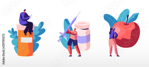 Diabetes Disease Set. Tiny People with High Sugar Level in Blood Concept. Mallitus Illness Treatment with Insulin Injection Lifestyle. Diet Control Therapy Awareness Cartoon Flat Vector Illustration