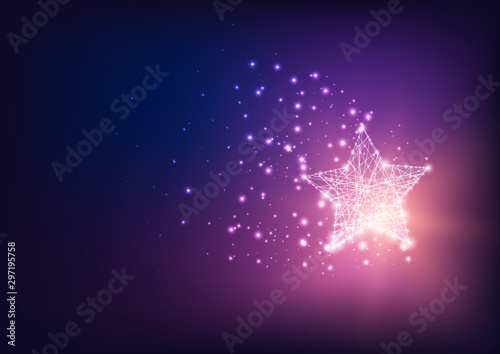 Futuristic magical bright glowing star with stardust on dark blue to purple gradient background.
