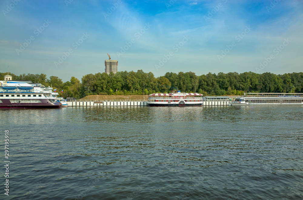 Moscow, Russia - September 8, 2018: North river port, view of the moorings and cruise ships. Khimka River, Moscow Canal.