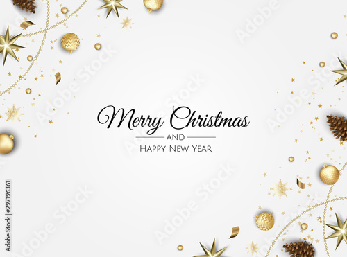 Christmas greeting card wit Christmas Tree Decorations, Pine Branches, balls,stars and snow