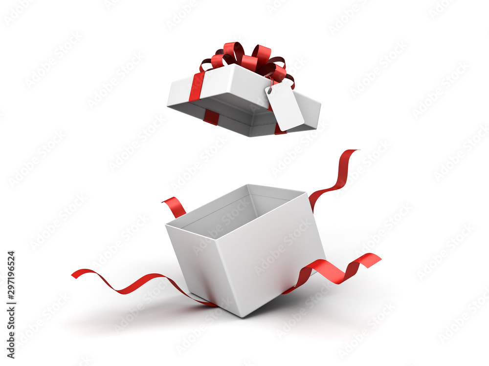 White present box or blank gift box with red ribbon bow and blank tag ...