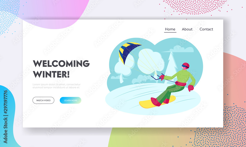Winter Time Outdoors Resort Activity, Sports Recreation, Adventure Website Landing Page. Sportsman Snowboarder Holding Kite Riding Fast by Icy Surface Web Page Banner. Cartoon Flat Vector Illustration