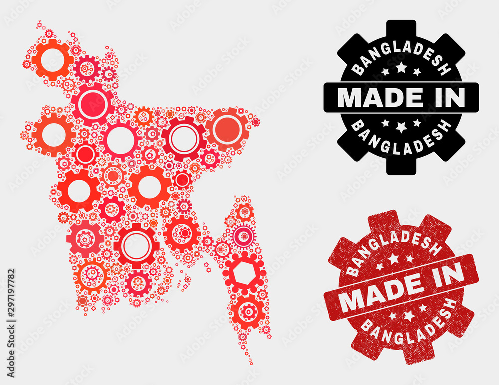 Mosaic technical Bangladesh map and scratched seal. Vector geographic ...