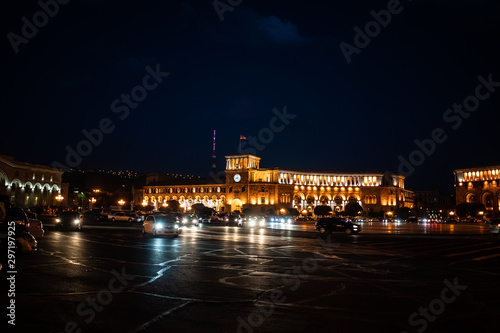 Yerevan at night. The Government of the Republic of Armenia and Central Post Office on Republic Square, the most important square of the capital Yerevan, Armenia.