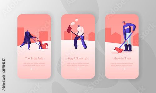 Winter Time Season Activity Mobile App Page Onboard Screen Set. Happy Friends or Neighbours Cleaning Ground from Snow with Shovels Concept for Website or Web Page, Cartoon Flat Vector Illustration