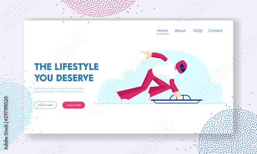 Skeleton Sleigh Racing Website Landing Page. Sportsman Push and Speed Up Sled Taking Part in Winter Sports Competition. Luger with Sport Equipment Web Page Banner. Cartoon Flat Vector Illustration