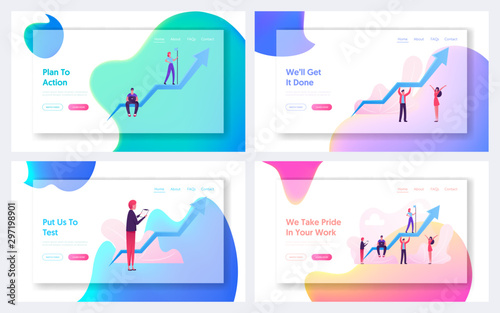 Financial Statistic Diagram Website Landing Page Set. Businesspeople Working on Growth Data Analysis Arrow Graph and Marketing Solution Development Web Page Banner. Cartoon Flat Vector Illustration