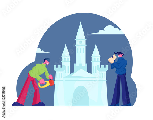 Artists Making Transparent Castle Sculpture in Ice Town, Couple of Men Working with Chainsaw and Hammer for Building Beautiful Palace for Winter Holidays Fair Exhibit Cartoon Flat Vector Illustration