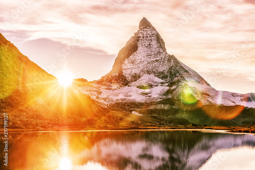Fototapeta Matterhorn mountain peak, Switzerland, seasonal autumnal scene