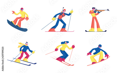Set of Winter Kinds of Sport Activities Isolated on White Background. Skiing Snowboarding Biathlon Sportsmen with Sports Equipment Skis Snowboard and Rifle. Cartoon Flat Vector Illustration, Clip Art