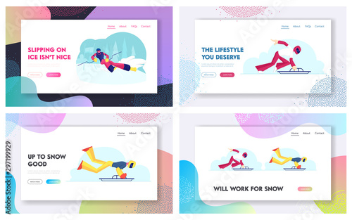Skeleton, Ski Slalom Sportsmen Website Landing Page. Winter Sport Skiing and Sledding Competition. Skier and Luger Athletics International Championship Web Page Banner Cartoon Flat Vector Illustration