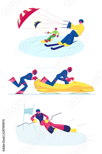 Set of Snowkiting, Bobsleigh and Ski Slalom Kinds of Sport. Sportsmen Riding Skis and Snowboard with Kite. Competitors on Bob, Man Skier Going Downhills. Cartoon Flat Vector Illustration, Clip Art