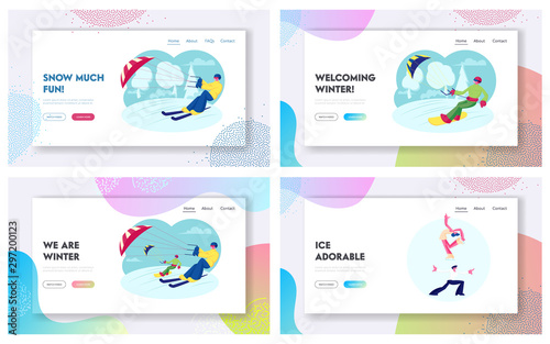 Snowsailing and Figure Skating Sports Competition Website Landing Page. Web Page Banner. Sportsmen Riding Skis and Snowboard with Kite. Couple Dancing on Ice Rink. Cartoon Flat Vector Illustration