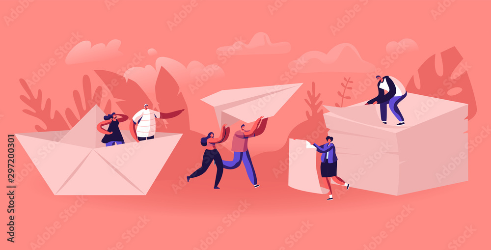 Happy People Origami Hobby Occupation Concept. Male and Female Character Creating Figures of Paper, Throwing Airplane and Ship, Man Sitting on Top of White Sheets Heap Cartoon Flat Vector Illustration