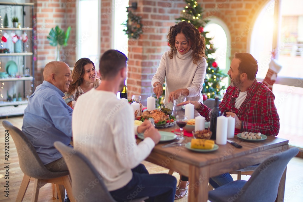 Beautiful family smiling happy and confident. Carving roasted turkey celebrating Christmas at home Beautiful family smiling happy and confident. Carving roasted turkey celebrating Christmas at home