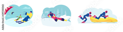 Set of Skikiting Snowboardkiting Bobsleigh and Ski Slalom Sports Activities. Sportsmen Riding Skis and Snowboard with Kite. Competitors on Bob, Skier Player Cartoon Flat Vector Illustration, Clip Art