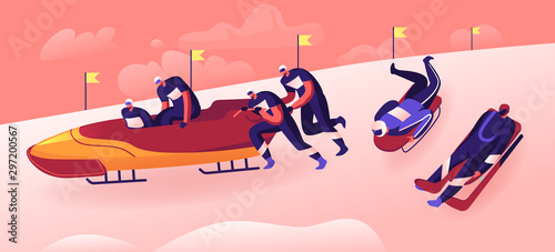 Outdoors Athletics Sports Activity Concept. Bobsleigh and Skeleton Winter Sport Competition Racing. Sportsmen Going Downhills by Sled and Bob, Dangerous Challenge. Cartoon Flat Vector Illustration