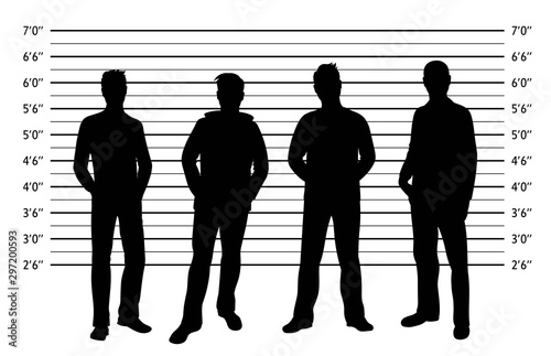 Police lineup. Mugshot background with silhouette of different men. Black silhouette of four men on white background. Isolation. Vector illustration