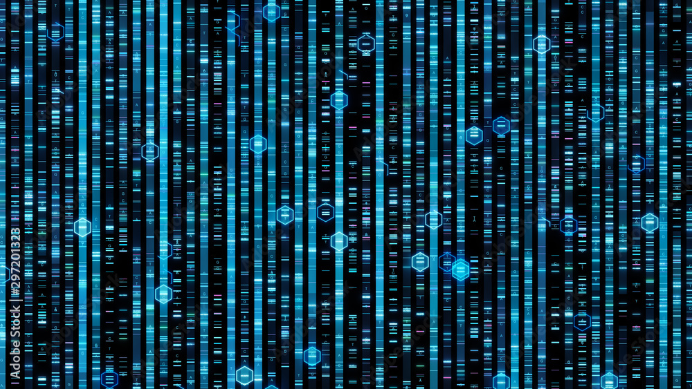 Abstract graphic of Human Genome dna sequencing analysis, Sequencing DNA means determining the order of the four chemical building blocks called bases Abstract graphic of Human Genome dna sequencing analysis, Sequencing DNA means determining the order of the four chemical building blocks called bases