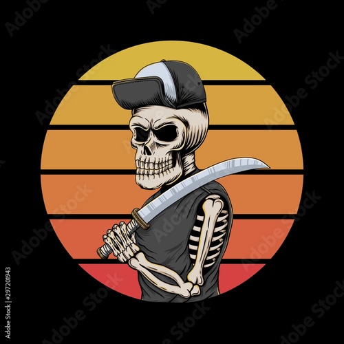 Skull gangster sunset retro illustration