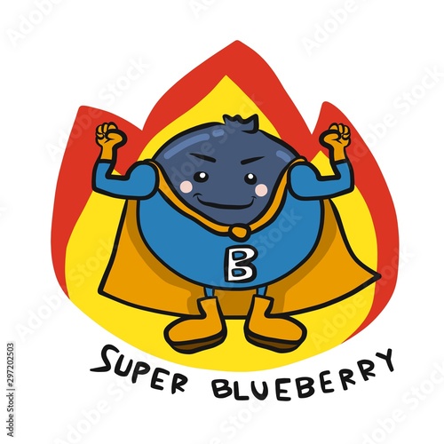 Super Blueberry hero on fire cartoon logo vector illustration