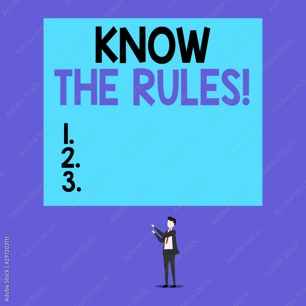 Writing note showing Know The Rules. Business concept for set explicit or regulation principles governing conduct Short hair cut man stand in front audience with board Writing note showing Know The Rules. Business concept for set explicit or regulation principles governing conduct Short hair cut man stand in front audience with board