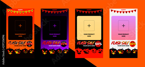 Multiple Modern Dynamic Instagram Story Template Set with Different Halloween Themed Illustration Background and Card to place Flash Sale Offer. Vector Illustration Banner.