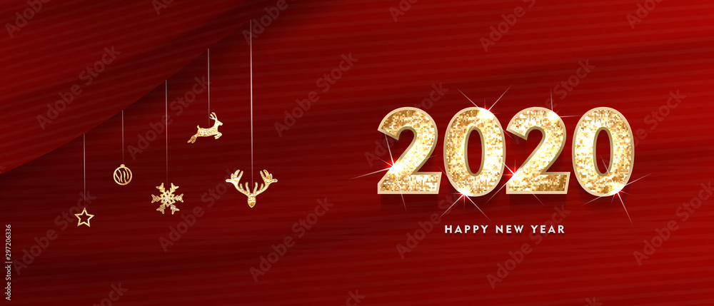 2020 Happy new year. Gold Design of greeting card. Gold Shining Pattern. Happy New Year Banner with 2020 Numbers on Bright Background. Vector illustration	