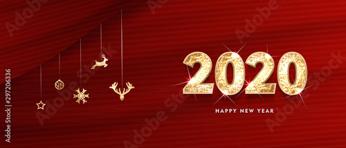 2020 Happy new year. Gold Design of greeting card. Gold Shining Pattern. Happy New Year Banner with 2020 Numbers on Bright Background. Vector illustration 