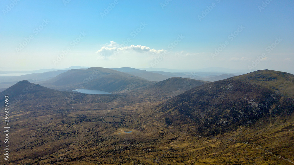 Panoramic stunning and breathtaking view of valley and lakes bellow Mourne  mountains, Northern Ireland