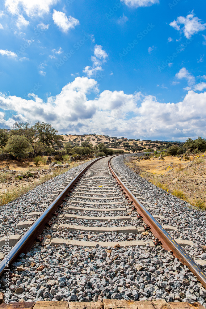 Railway train tracks in the sunny landscape Railway train tracks in the sunny landscape