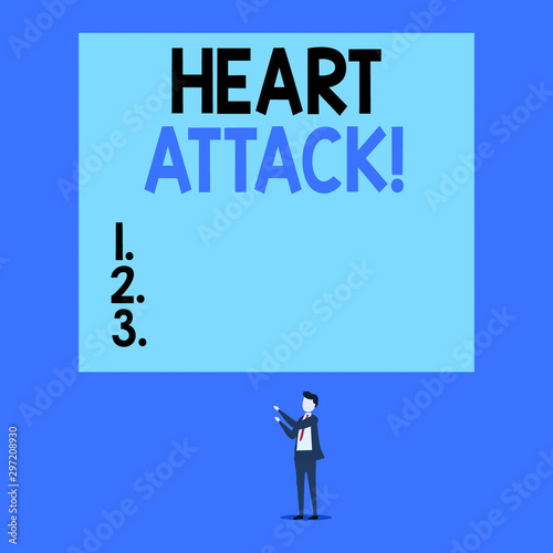 Writing note showing Heart Attack. Business concept for sudden occurrence of coronary thrombosis resulting in death Short hair cut man stand in front audience with board