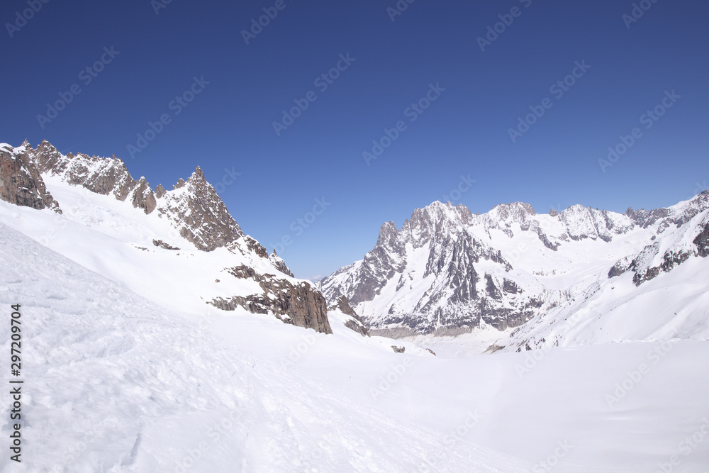 Vallee Blanche above Chamonix from the Aiguille du Midi in French Alps in Spring with Canon 11mm - 22mm Wide Angle Lens