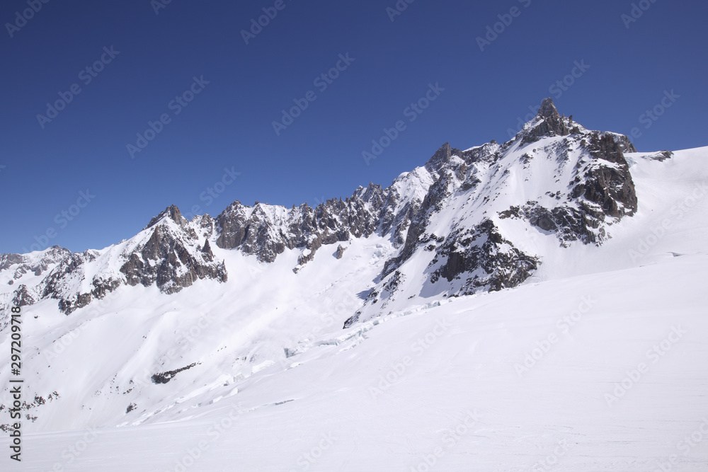 Vallee Blanche above Chamonix from the Aiguille du Midi in French Alps in Spring with Canon 11mm - 22mm Wide Angle Lens
