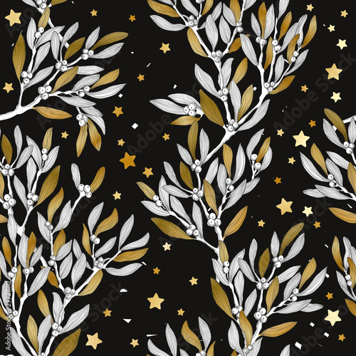 Vector seamless pattern with hand draw lineart branches of mistletoe with gold leaves and stars on dark background. Christmas repeating background with hand draw ilex leaves and berries.