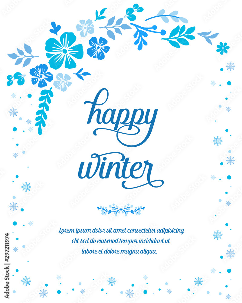 Modern greeting card happy winter, with ornament of blue leaf flower frame. Vector