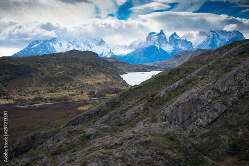 Breathtaking Storm Rolling over Torres Del Paine Mountain Range and Glacier Grey in Patagonia Chile