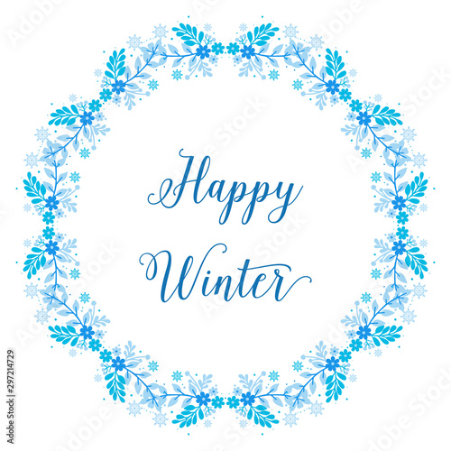 Nature design blue leaf flower frame for template of greeting card happy winter. Vector